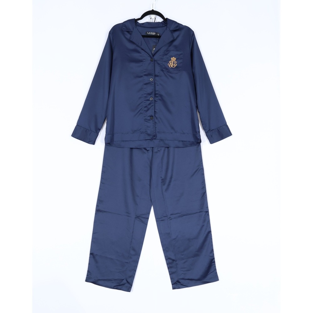 LRL Ralph Lauren Pajama Set Women M Blue Satin Embroidered $84 Holiday Gift NWT